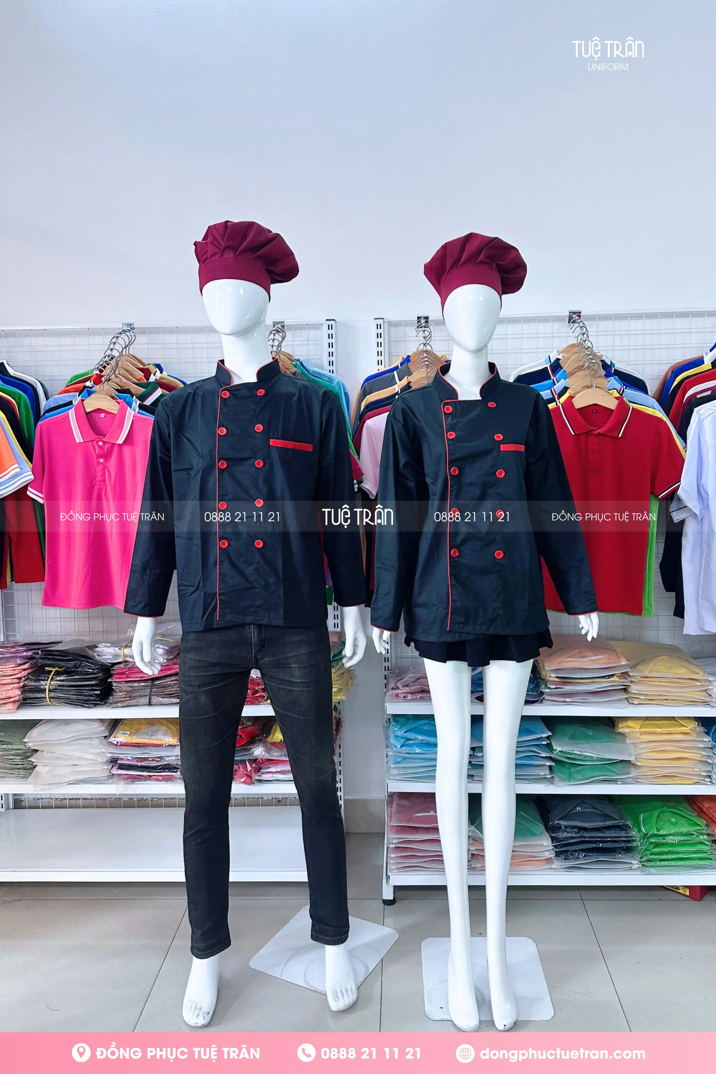 Áo bếp tay dài đen viền đỏ