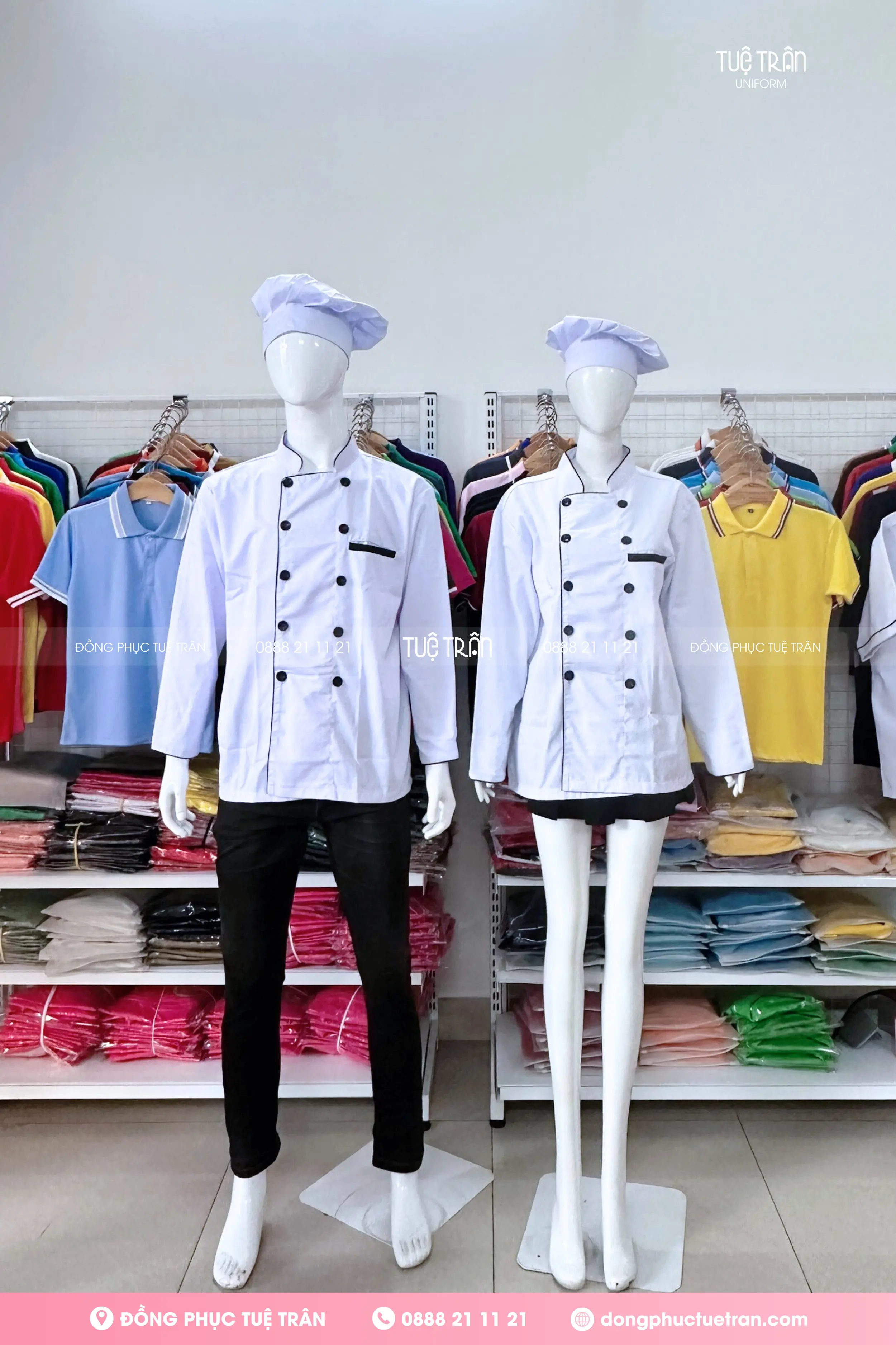 Áo bếp tay dài trắng viền đen